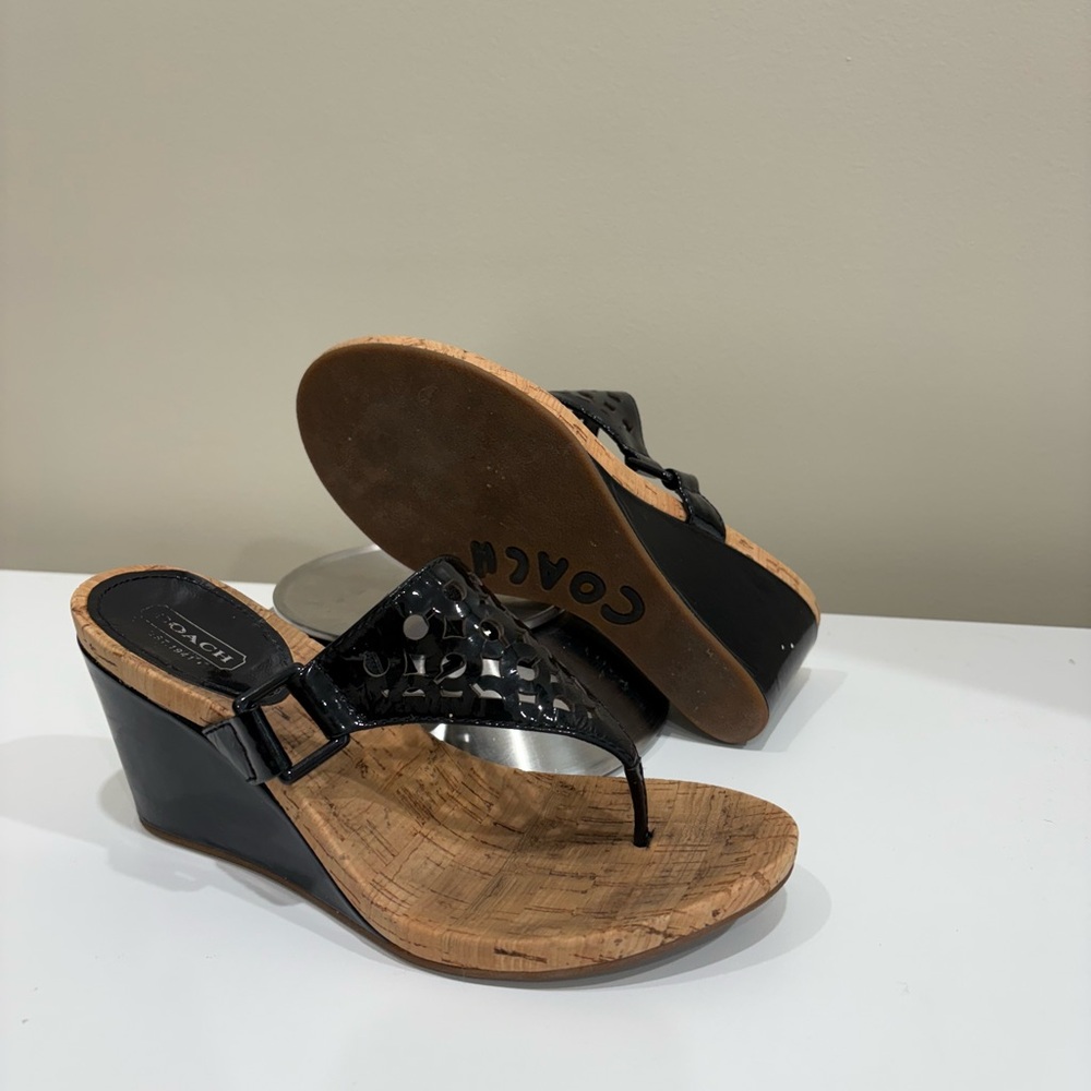Coach Jorgina Black Patent Leather Cork Wedge Thong Sandals